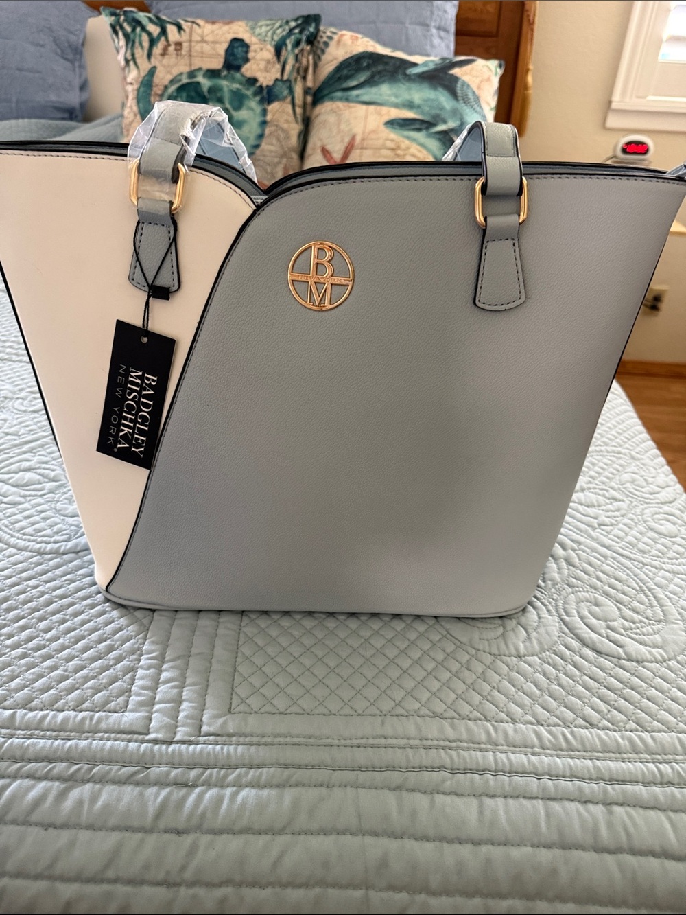 Badgley Mischka Two-Tone Light Blue & Cream Tote with Gold Logo